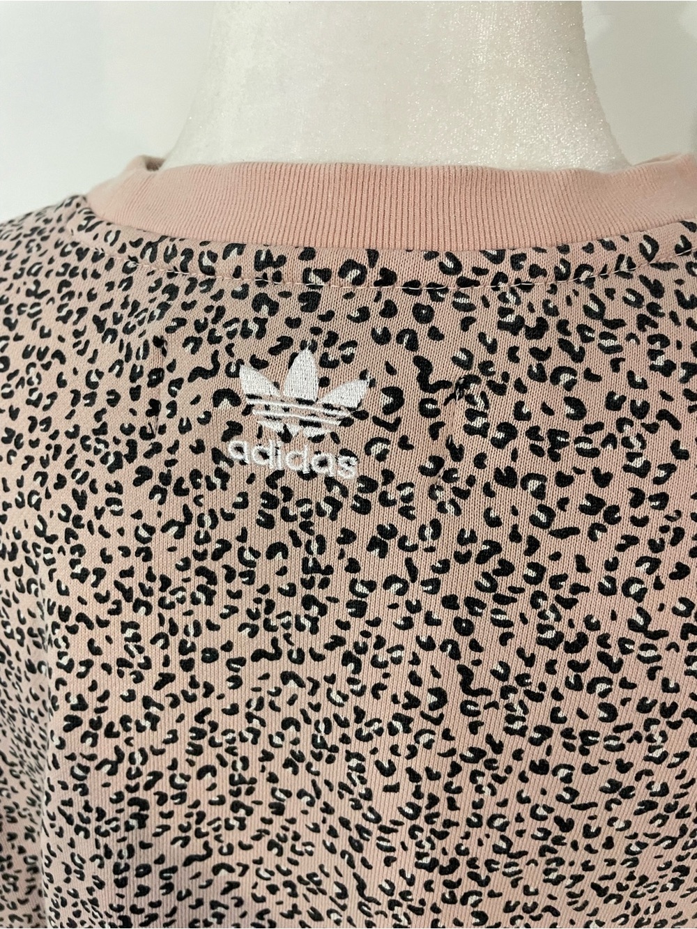 adidas Pink Leopard Print Cropped Crewneck with White Trefoil - Picture 3 of 4